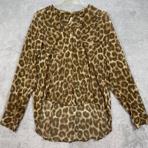 Free People Button Up Women Medium Brown Sheer Leopard Print Blouse Long Sleeve